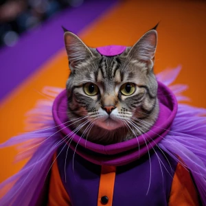 Macro portrait of a fashionable CAT in a purple, magenta, and or...