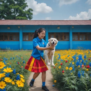 Student playing with pet the school is blue and the skirt is red...