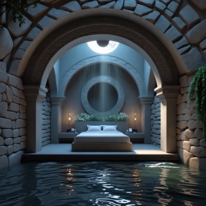 Imagine a guest bedroom at Moonwater Retreat, a serene sanctuary...