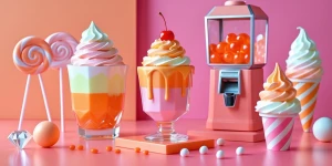 A pastel orange and bright pink scene. On a pastel peach pink ta...