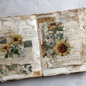 Sunflower junk journal page, layered vintage paper collage, asse...