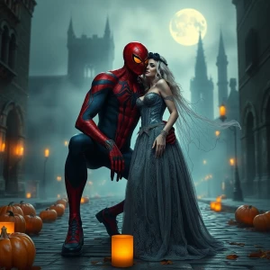 Man-Spider and Felicia Hardy as a sultry corpse bride, standing...