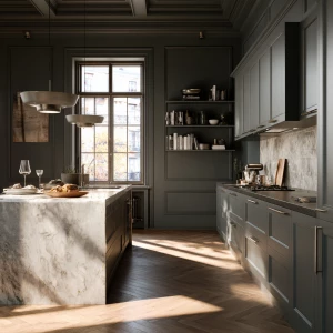 Create a sophisticated and modern kitchen scene featuring matte...