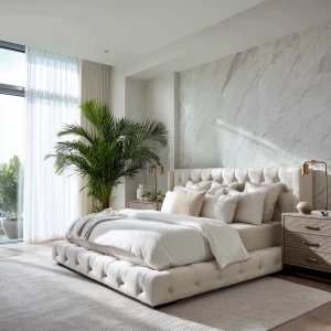Ultra-realistic photograph of a spa-like luxury bedroom, wide sh...