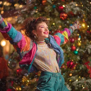 A young woman dressed in colorful 80s fashion, dancing joyfully...