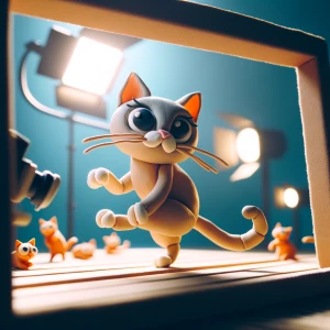 a stop motion clay animation of a dancing cat, frame 1, the cat...