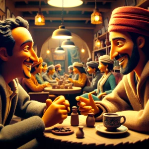 Two Moroccan Directors, smiling, discussing in a coffee shop