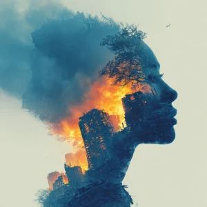 a double exposure depicting the silhouette of an adult female he...