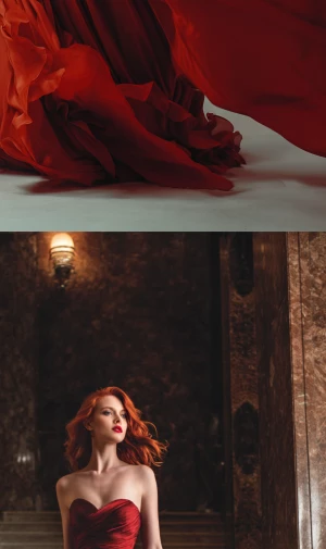 An elegant supermodel with fiery red hair gracefully walks forwa...