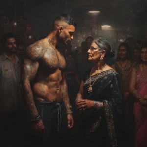 Hyperrealism,oil painting.a muscular beefy sweaty tattoed indian...