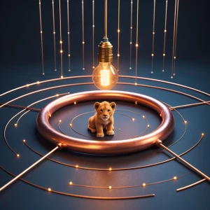 A realistic 3D scene shows a small lion cub sitting calmly in th...