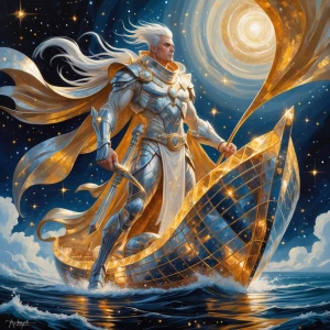 A majestic meteorite mariner, adorned with shimmering silver and...