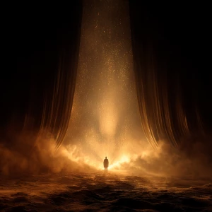 Cinematic inspirational scene of a lone figure standing before m...