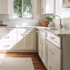 A bright modern kitchen with freshly painted cabinets in soft wh...