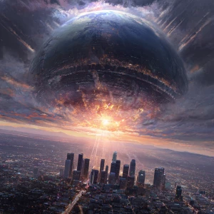 A massive, futuristic metallic sphere descends through Earth’s u...
