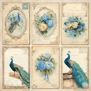 Print-ready vintage ephemera sheet with 6 coordinated shabby-chi...
