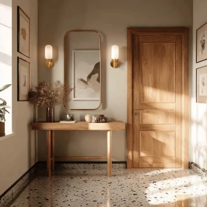 Create an elegant Scandinavian entryway scene featuring a terraz...