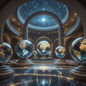 In a mesmerizing glass globe map room, a vast spherical chamber...