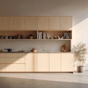 Generate an ultra-HD photograph of a minimalist kitchen designed...