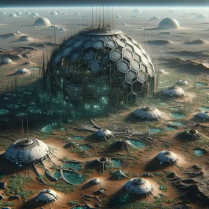 Ultra-realistic aerial drone photo of an alien planet surface. I...