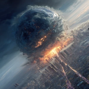 A massive, futuristic metallic sphere descends through Earth’s u...