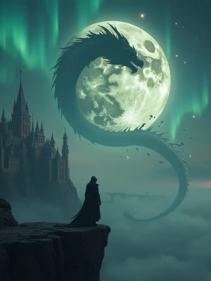 Epic cinematic key art: a colossal dragon-moon (a petrified drag...