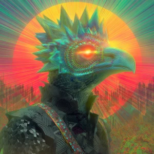 Square  psychedelic horror portrait of a humanoid figure crowned...