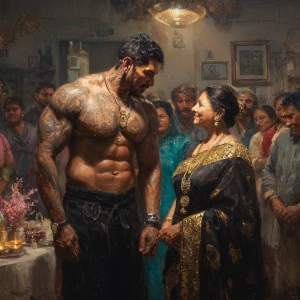 Realism,oil painting.a muscular beefy sweaty tattoed indian man...