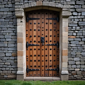 Rectangular mediaeval wooden castle internal single door with lo...
