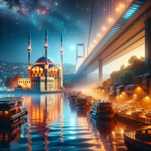 یک صحنه عمیق از نمای پل استانبول در شب با نمای مسجد استانبول