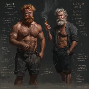 “A scene featuring two muscular, men. The first man has a full r...