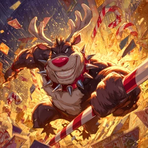 Gangster Rudolph with glowing red nose like a warning siren, spi...