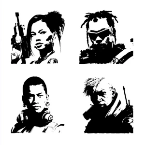 make 4 stencils of cyberpunk people with a transparent backgroun...