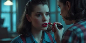 Eleven from Stranger Things putting on her lipstick.