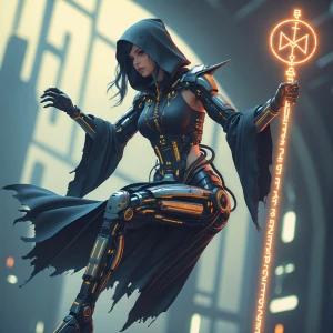 In a pixelated dreamscape, a technologically advanced witch hove...