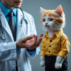 A doctor is talking to a white orange kitten wearing a yellow sh...