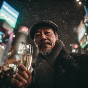 A stylish man standing amidst the electric energy of Tokyo's Shi...