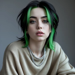 Ultra-realistic portrait of Billie Eilish, wearing a loose beige...