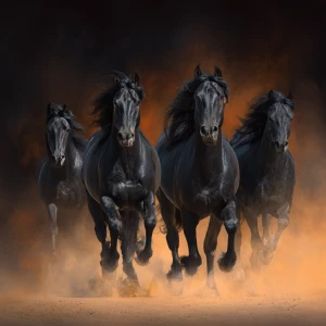 A hyper-realistic 4K digital painting of four black horses runni...