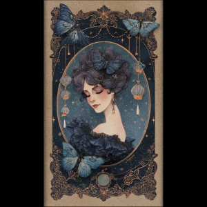 Edwardian fae journal card — black butterflies, astrolabes, hang...