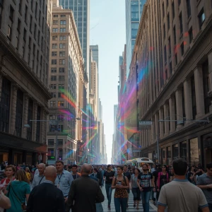 In a bustling city street, a luminous holographic parallel unive...