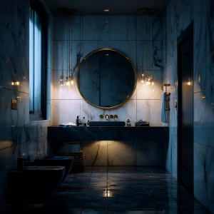 Create an editorial-style, real photo featuring a small bathroom...