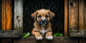 Puppy in wooden hut during rain