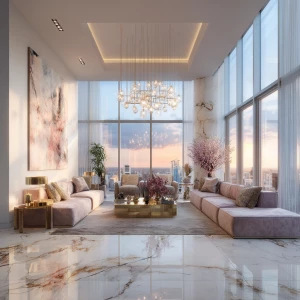 ultra-realistic photo of a luxurious penthouse apartment, floor-...