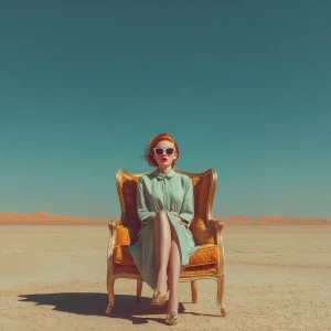 Redhead supermodel sitting on a luxury chair in the middle of th...