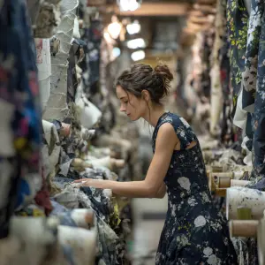 woman wearing a dress in a fabric manufacture facility