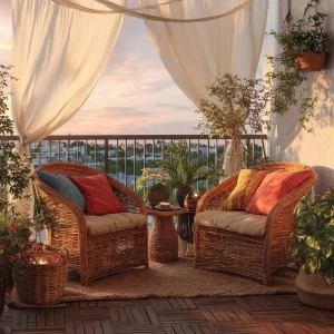 Create an image of a Scandinavian-style outdoor balcony featurin...