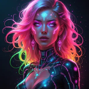 A dazzlingly vibrant synthwave witch, her every feature exudes a...