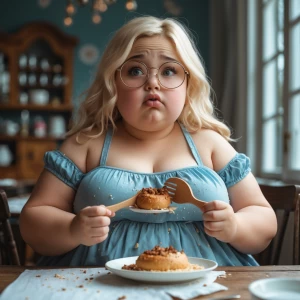 a girl plus size chubby sitting at a table with her belly eating...