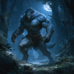 In a moonlit forest clearing, visualize a powerful lycanthrope w...